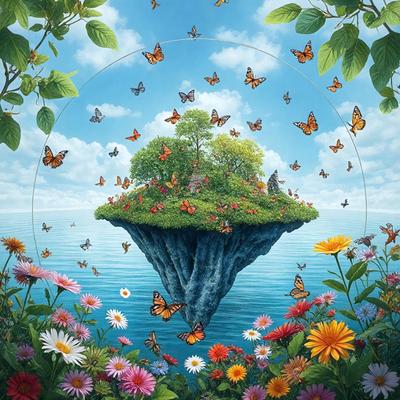 Primary subject: A tree with a butterfly on it.

Setting/background: A blue ocean with a green island.

Visual style: Digital art.

Colors and mood: The image is colorful and has a cheerful atmosphere.